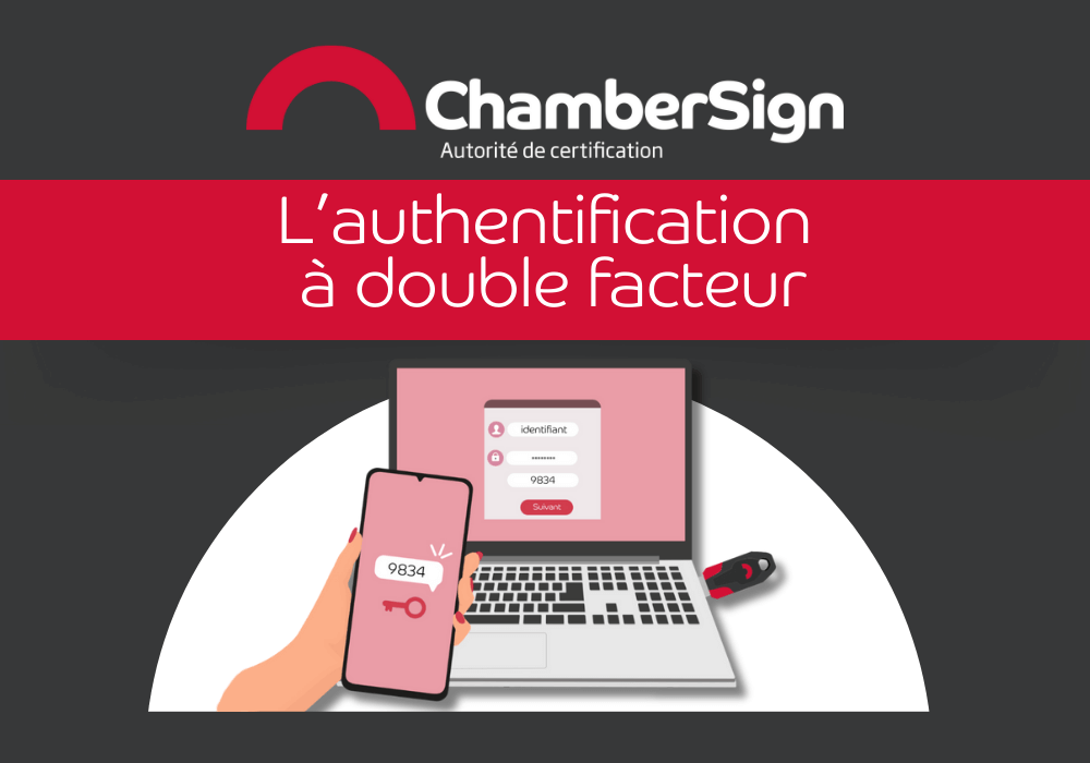 Illustration d'une authentification à double facteur avec un ordinateur, un téléphone et une clef avec un certificat cryptographique