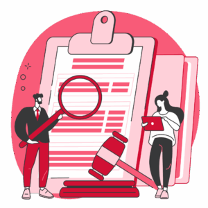 Illustration qui représente l'aspect juridique : 2 personnages analysent un document